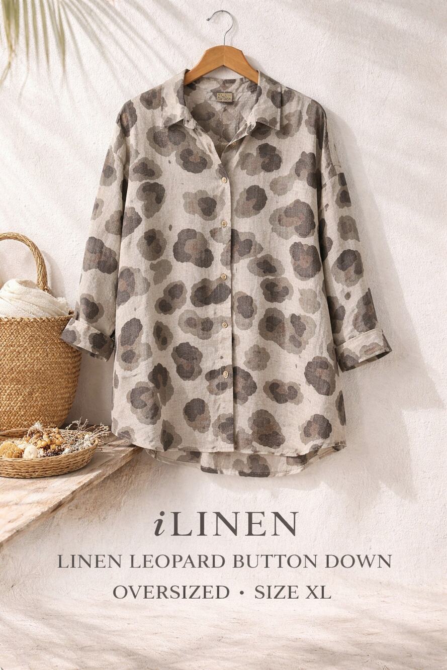 iLinen Linen Button Up Blouse Leopard Print Oversized XL Neutral Poland
